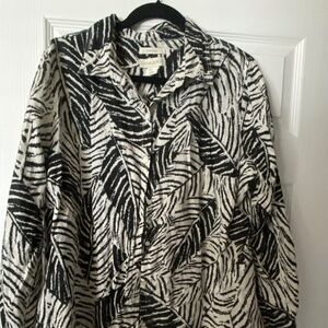 Cynthia Rowley  XL top Black/White LINEN Button Down Long Sleeve Shirt leaves